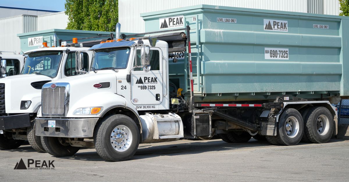 Peak Disposal bin truck in Coquitlam providing reliable bin rentals, delivery service, and guidance on placement and local bylaws