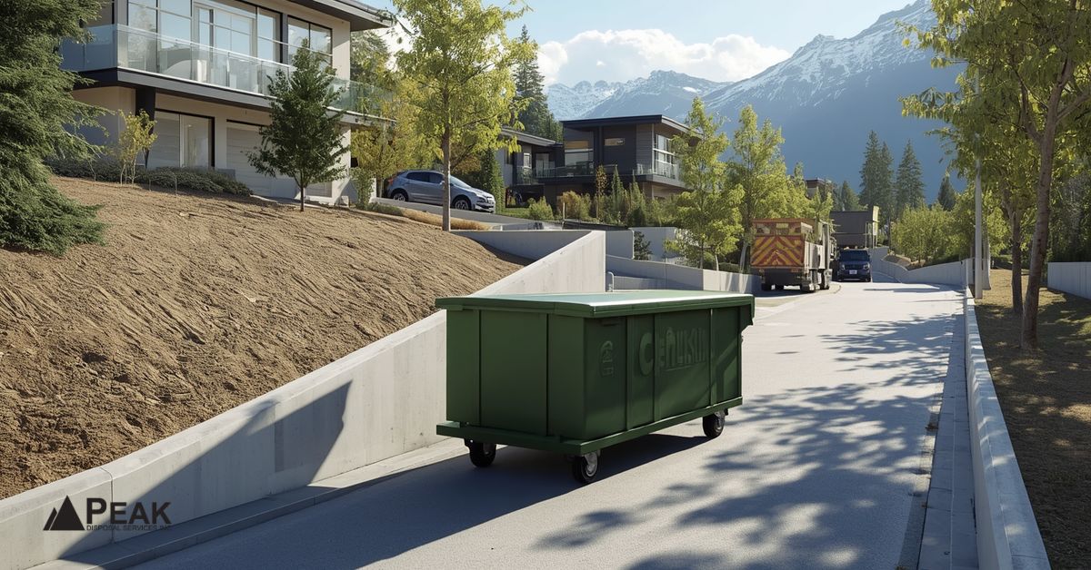  Construction dumpster placed near street due to steep driveway, highlighting placement challenges and safety concerns during bin delivery operations