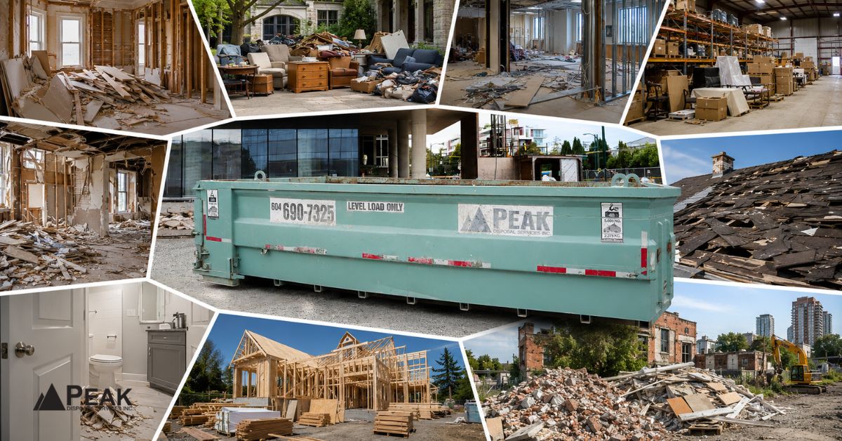 Large construction dumpster surrounded by renovation, demolition, roofing, warehouse cleanup, and construction project debris scenarios and waste.