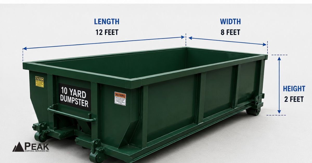 A dipiction of the dimensions of a 10-yard dumpster