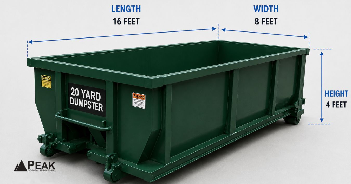 0-yard dumpster dimensions showing 16-foot length, 8-foot width, 4-foot height, capacity