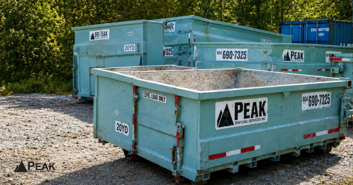 20-yard dumpster in a disposal yard, providing ample debris capacity for renovation, roofing, moving, and cleanup projects.