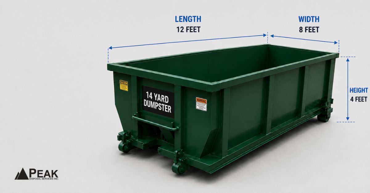 Peak Disposal 14-yard dumpster beside residential driveway illustrating dimensions, capacity, and common uses for home renovation projects.