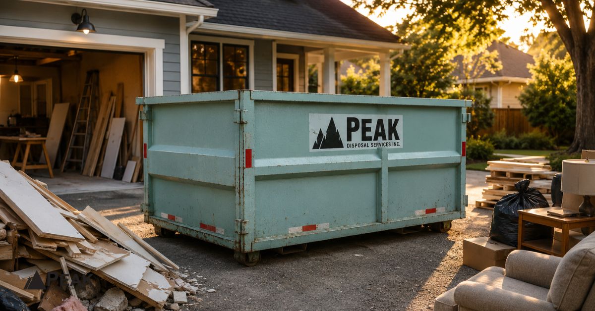 Peak Disposal 14 Yard Dumpster beside home renovation debris, offering practical capacity for residential remodeling and cleanup projects.