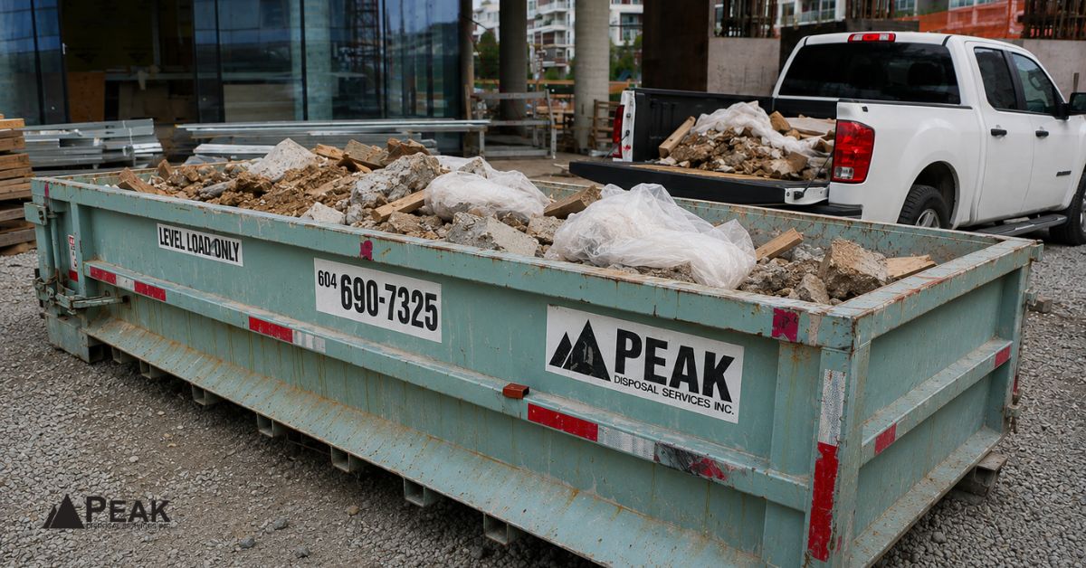 A green dumpster filled with heavy concrete rubble at a construction site, showing why weight—not volume—drives higher disposal costs.