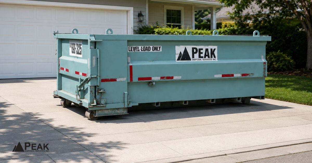 Large 14 Yard Dumpster positioned on residential driveway outside suburban home, illustrating typical placement for convenient residential waste disposal.