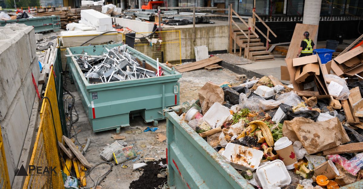 Construction bins at busy jobsite show food scraps mixed with packaging and building debris nearby.