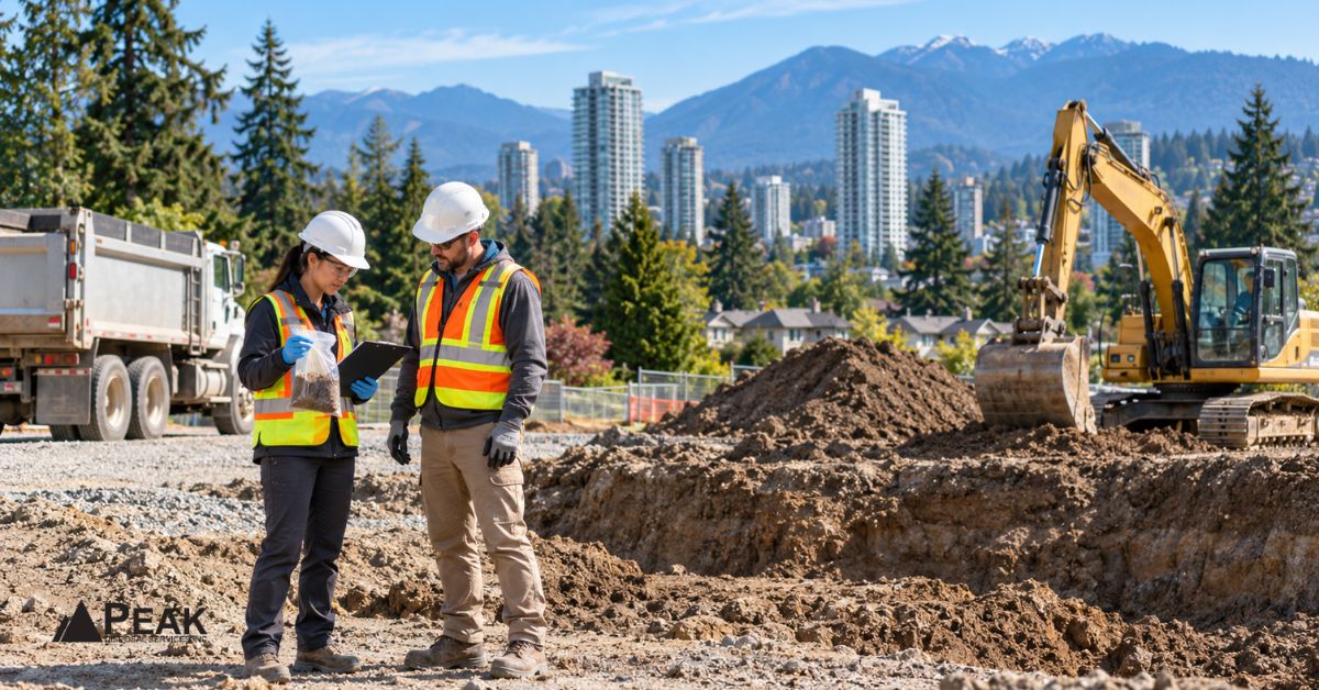 Environmental consultants inspect excavated soil beside construction equipment at a Coquitlam site with mountains and towers.