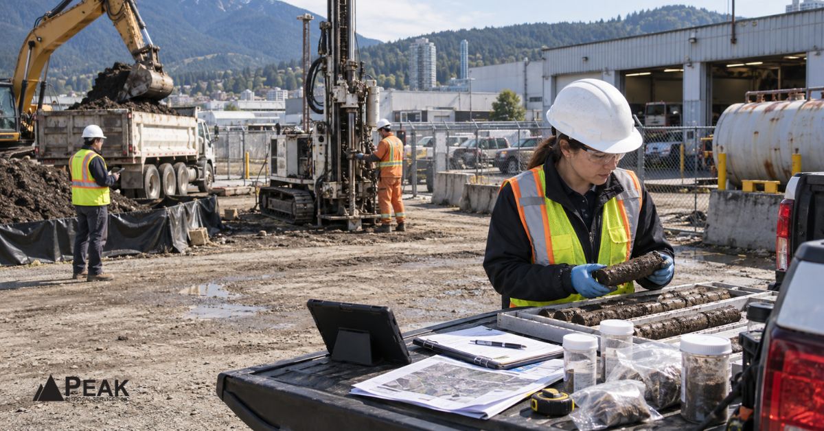 Environmental consultant examines soil cores at a British Columbia industrial site during excavation, drilling, and relocation work.