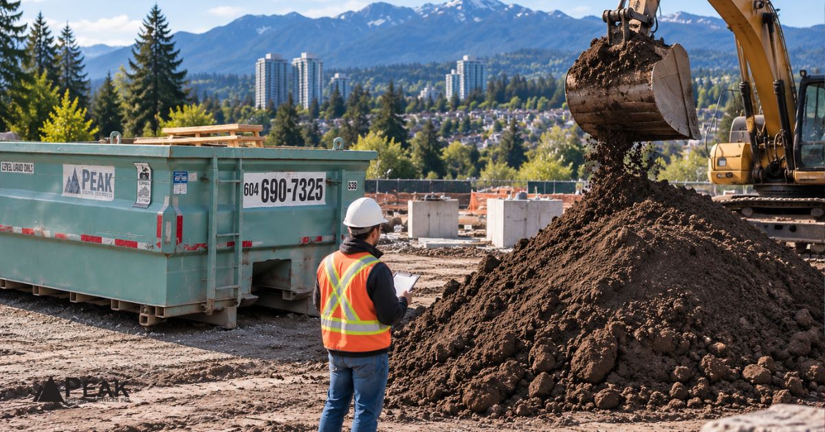 Excavator loads soil beside a container while a worker monitors excavation at Coquitlam construction site.