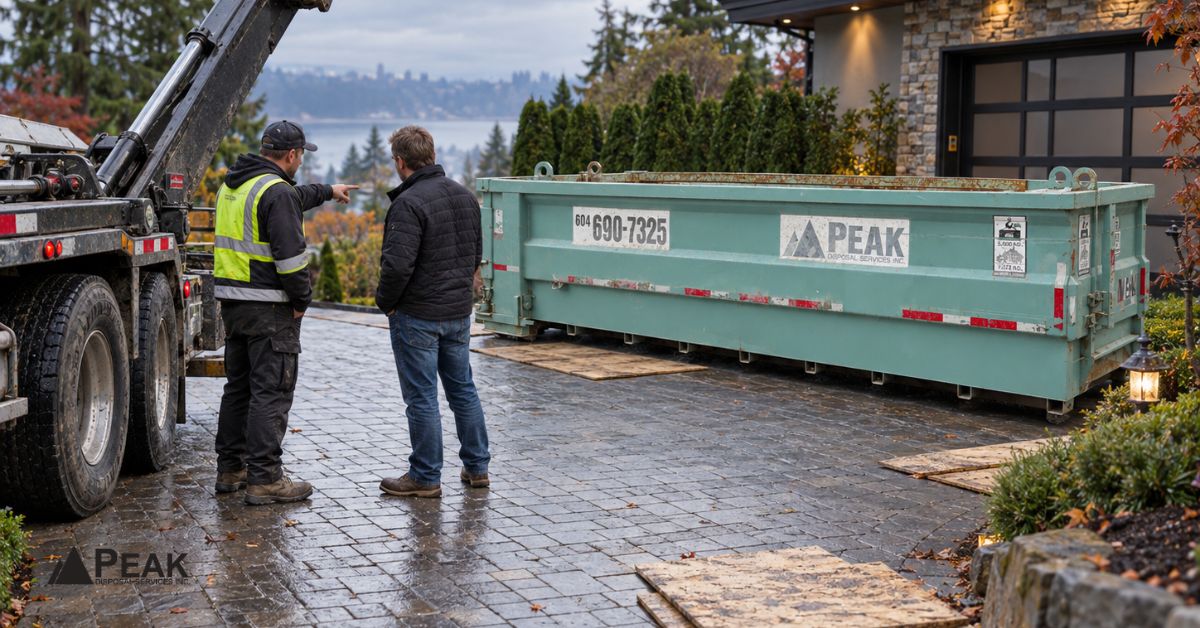 Peak Disposal driver discusses roll-off bin placement with homeowner beside truck on wet paved driveway.