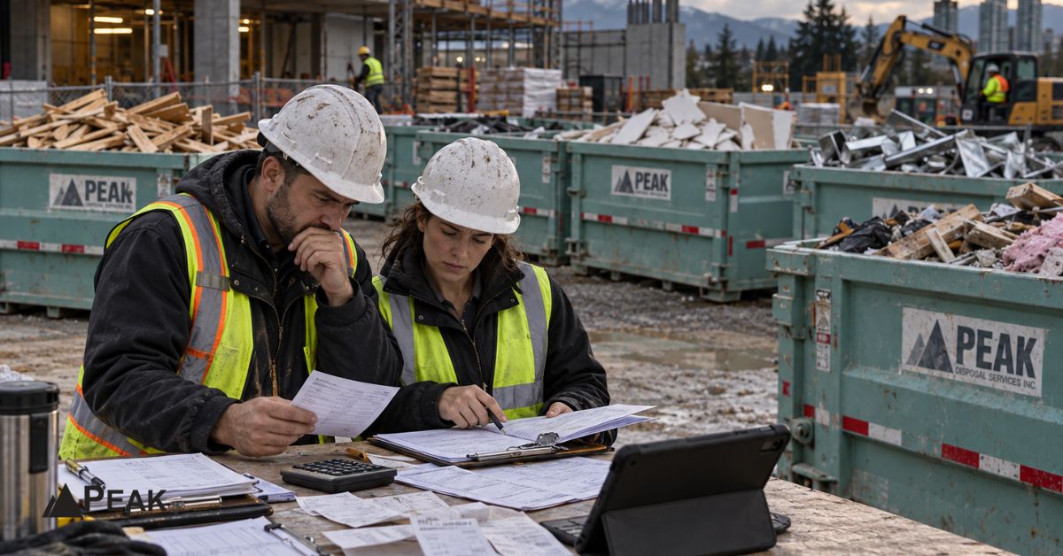 Construction managers review waste records and calculations beside separated Peak Disposal bins on an active jobsite.