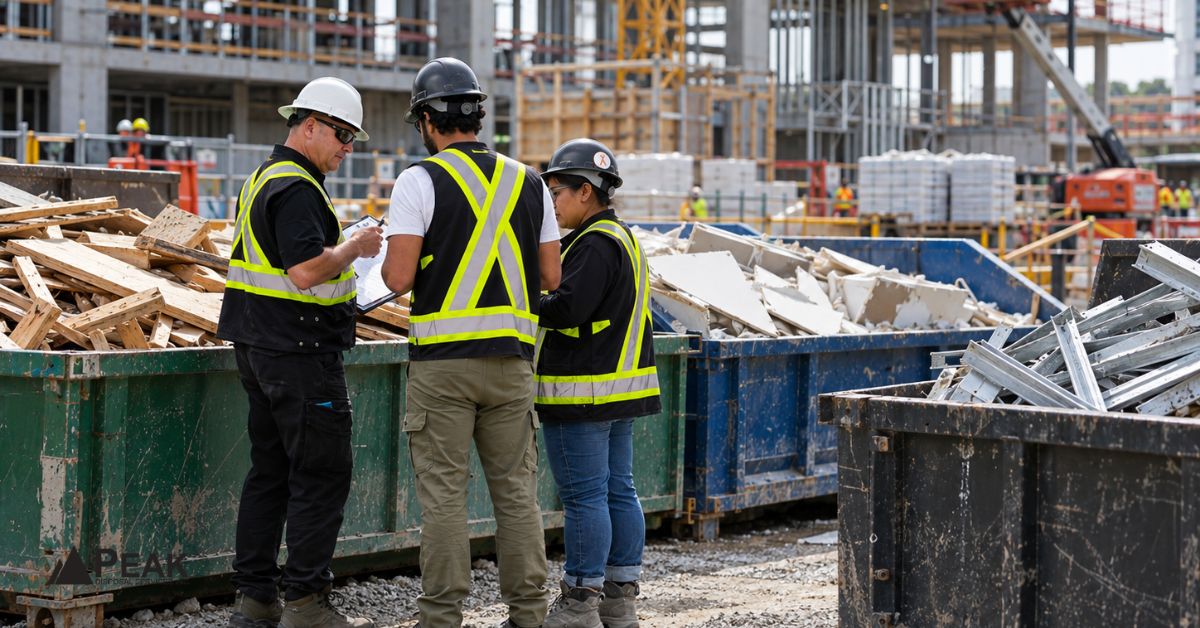 Peak Disposal staff review construction waste beside roll-off bins containing separated demolition and building materials.