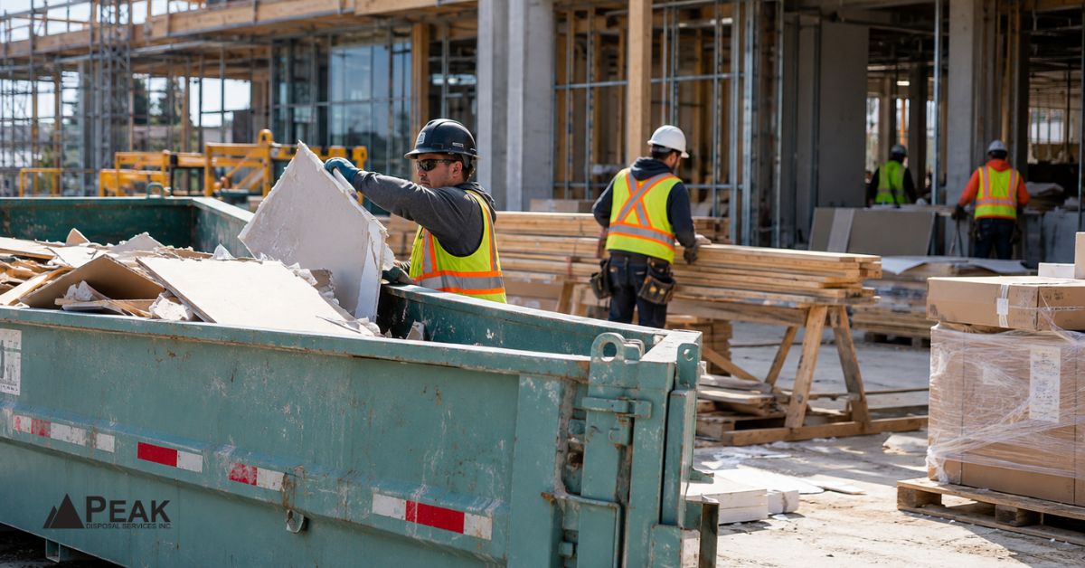 Worker loads drywall into a construction bin while crews manage materials across a building site.