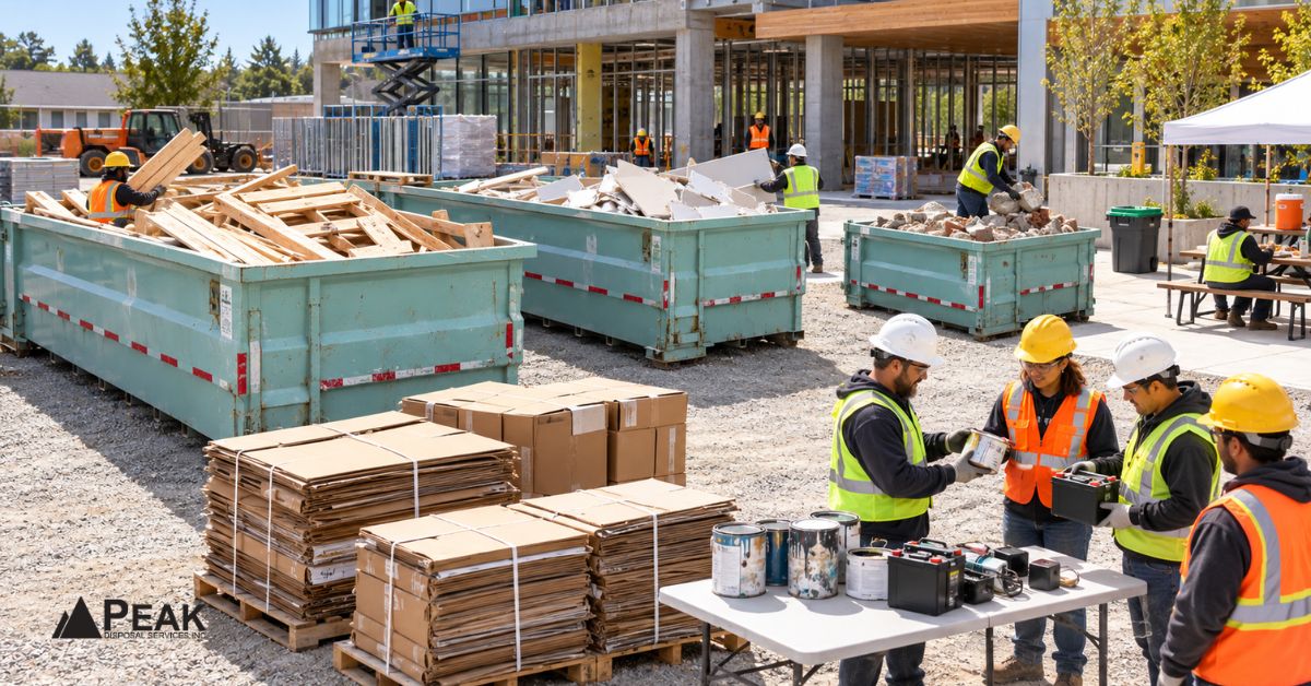 Construction workers sort wood, drywall, masonry, cardboard, and special materials into separate Peak Disposal bins onsite.