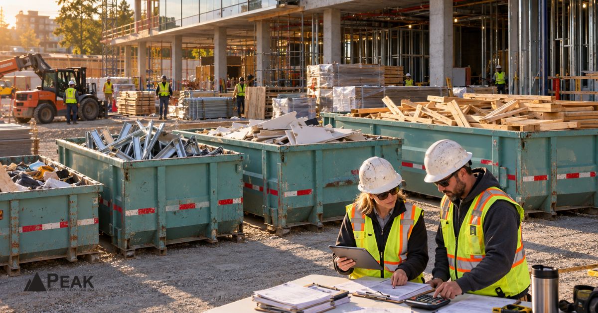 Construction team reviews diversion calculations beside separated waste bins at an active building project site.