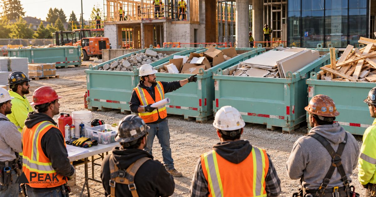 Construction supervisor trains sub-trades beside Peak Disposal bins during a busy multi-trade site orientation session.