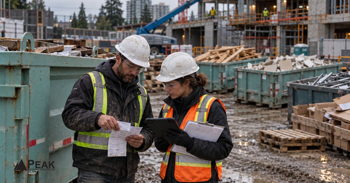 Construction workers review waste records beside separated debris bins to verify project diversion rate calculations