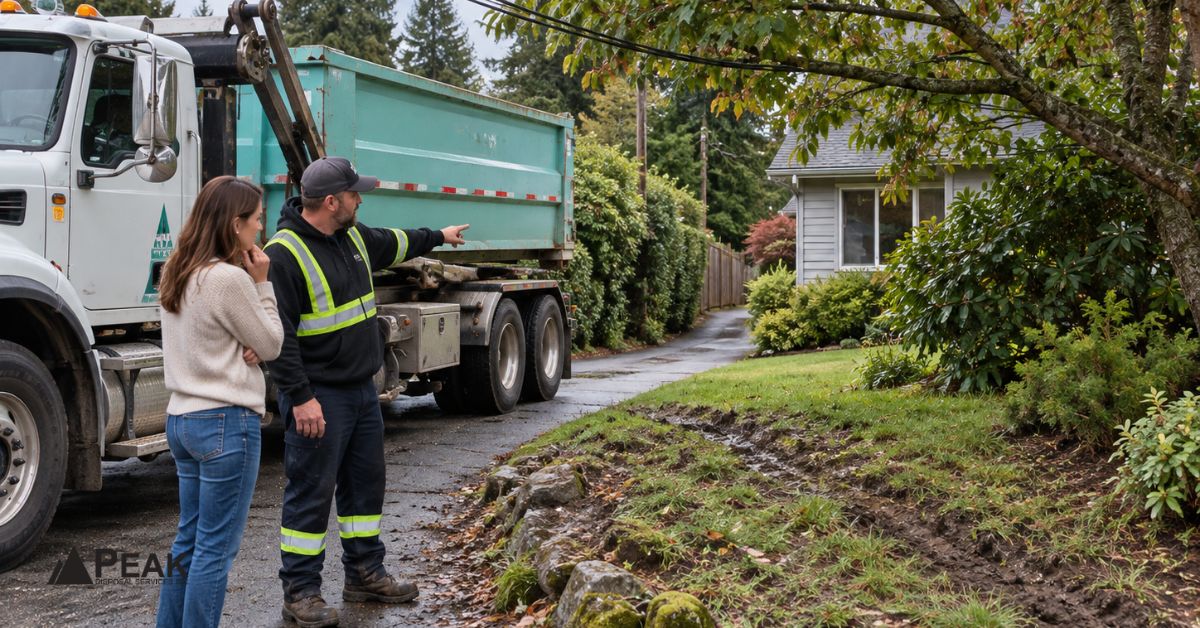 Peak Disposal driver evaluates soft ground, low branches, and overhead wires before roll-off bin placement.