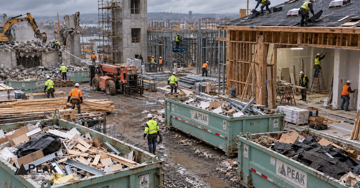 Construction crews sort mixed debris into Peak Disposal bins across a busy multi-trade building site safely.